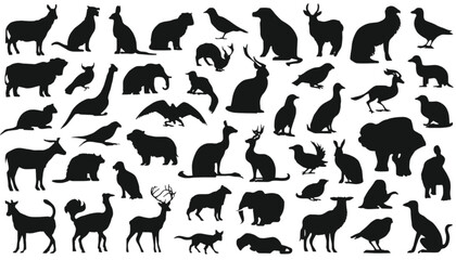 Obraz premium Animals presented as a collection of black silhouettes demonstrate a wide variety of wildlife species including mammals, birds, and reptiles arranged on a clean white background for graphic design.