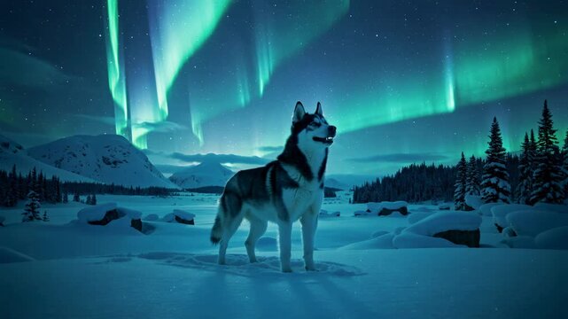 Siberian Husky Dog Standing Outdoors During Aurora Borealis Night Sky