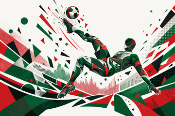 Plakat Mexico soccer player performing an aerial bicycle kick in a dynamic geometric poster design. Mexico national football team wallpaper, banner, background.
