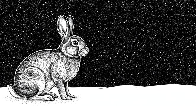 Black and white engraved illustration of a rabbit. Winter night landscape and wildlife art. Vintage style bunny sitting in the snow under a starry sky.