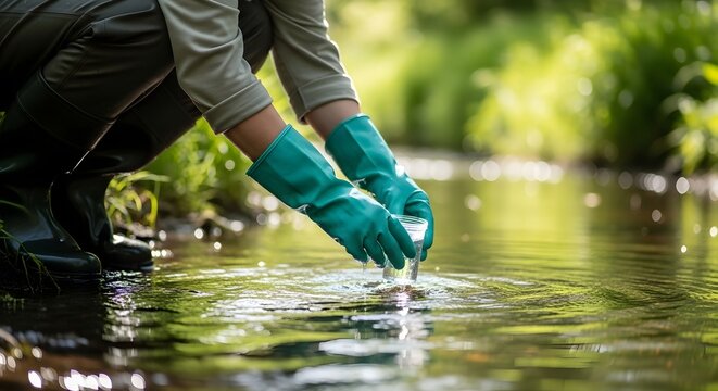 Researcher collecting water samples from a forest stream. Environmental monitoring and pollution control. Scientist wearing gloves checking water quality.