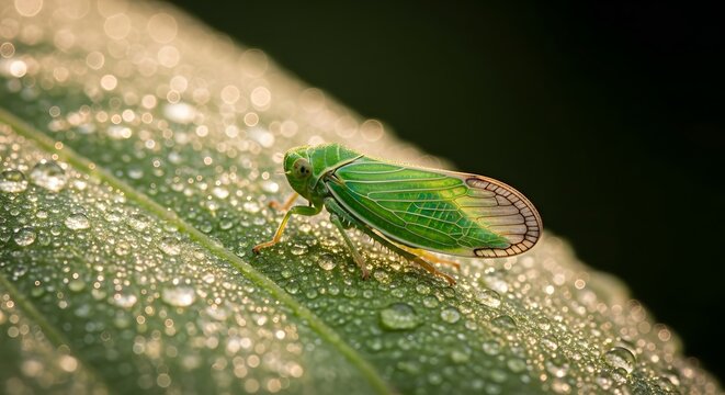Green leafhopper resting on a wet leaf. Insect macro photography and biodiversity. Small bug sitting among morning dew drops in a garden.