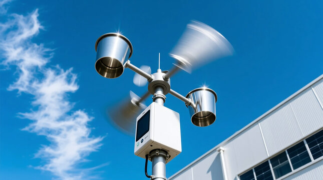 High-precision wind sensor anemometer spinning rapidly captured medium close-up against clear blue sky diligently collecting data outside modern solar factory