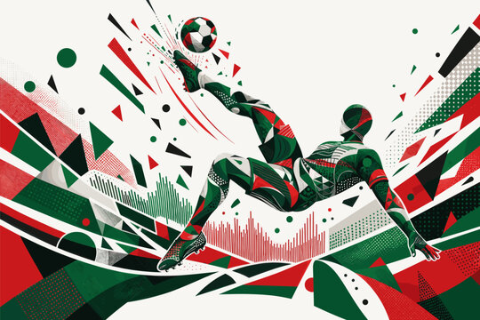 Mexico soccer player performing an aerial bicycle kick in a dynamic geometric poster design. Mexico national football team wallpaper, banner, background.