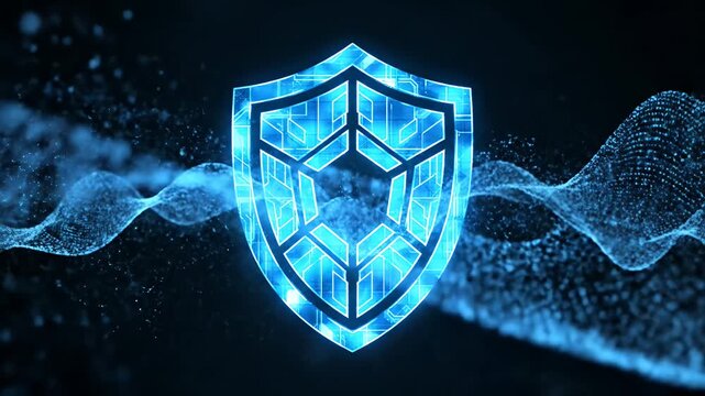 Blue digital shield icon glowing on a dark background.