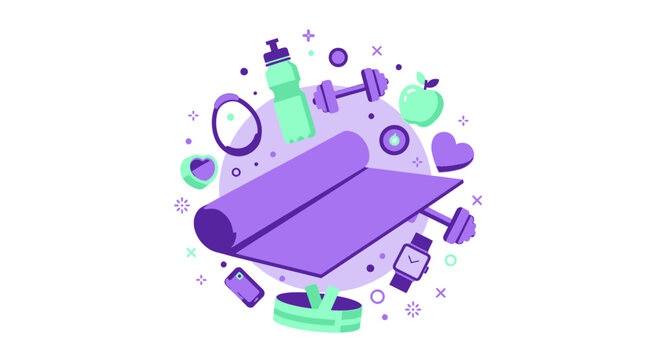 Fitness and Wellness Lifestyle Illustration with Yoga Mat, Dumbbells, Water Bottle, Healthy Apple, and Smartwatch. Flat Vector Design for Gym, Health, and Exercise Concepts.