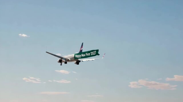 Airplane flying through blue sky with Happy New Year message on green tail