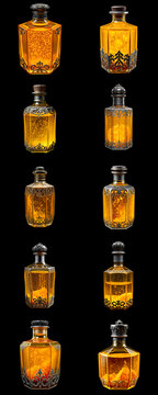RPG poison bottles icon set, green acid liquid flask and venom elixir collection grid for game UI