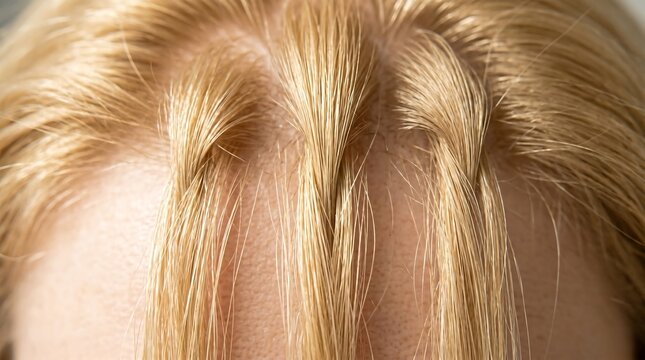 Closeup of a persons blonde hair with thinning or balding spots on their scalp