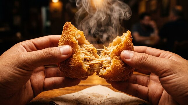 Close-up of a crispy golden coxinha being broken open, steam rising, creamy chicken filling, appetizing, professional food photography style, loop.