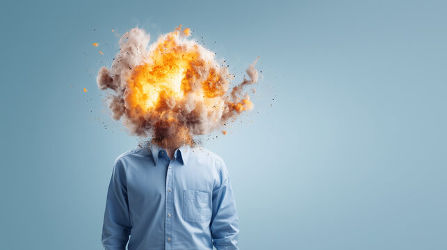 Man with exploding head concept on light blue background, mental overload, burnout, stress, anxiety, creative pressure, information overload, emotional overwhelm and workplace frus