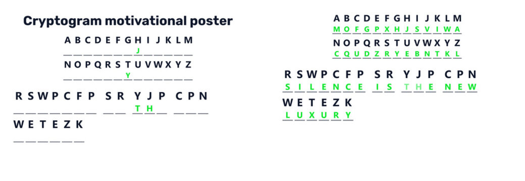 Cryptogram motivational poster layout. Mystery word puzzle and secret code game with answer key. Decoded message silence is the new luxury. 