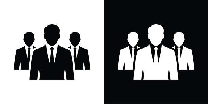 Corporate business team icon vector. Group of three businessmen silhouettes standing together. Leadership organization, workplace human resources management, division personnel, or leadership staff.