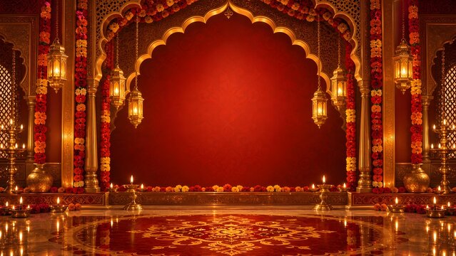Luxury Red and Gold Diwali Celebration Stage with Lanterns for Festival Event Banner
