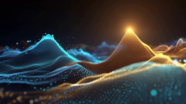 Abstract wave digital landscape with glowing particle blue golden data network, abstract digital wave landscape with glowing peak and dark background, luminous futuristic scene with motion flow