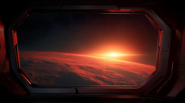 Spaceship window overlooking red planet sunrise, Mars exploration concept, interplanetary travel, space tourism, futuristic spacecraft interior, cosmic discovery, astronomy and dee