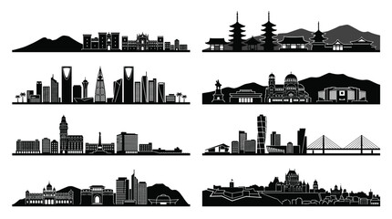 Obraz premium Regional City Skyline Silhouettes Collection Featuring Asian and Middle Eastern Urban Landmarks in Flat Vector Style