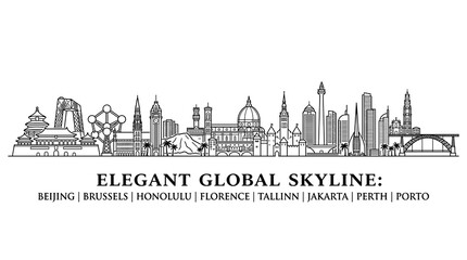 Obraz premium Elegant International Skyline Panorama Featuring Historic and Modern City Landmarks in Minimal Line Art Style