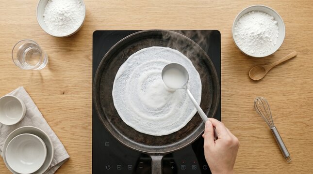 close-up of golden buttery manioc flour being tossed in a rustic iron pan, vibrant textures, authentic Brazilian cooking, professional kitchen lighting.