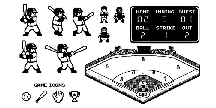 Retro Baseball Pixel Game Black White-Batter Sprite Scoreboard Outfield-Retro Sport Vector-Game Icon Pixel-Baseball Design Set