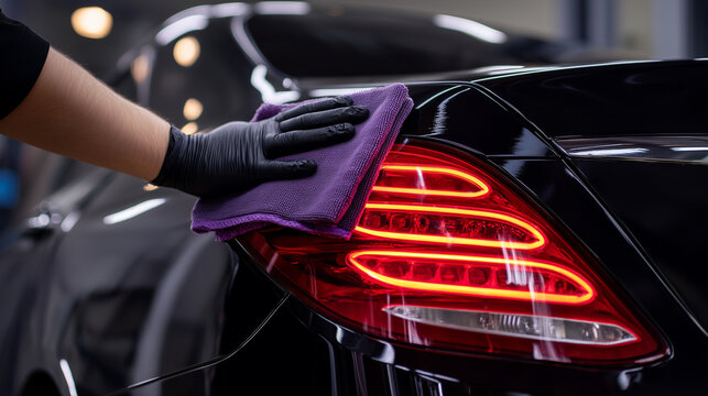 Professional auto detailing hand cleaning black car tail light area, luxury vehicle polishing, ceramic coating preparation, paint protection, car wash service and premium automotiv