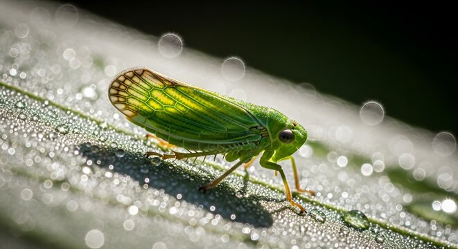 Green leafhopper resting on a wet leaf. Natural habitat and macro photography. Small insect sitting amidst glowing morning dew drops.
