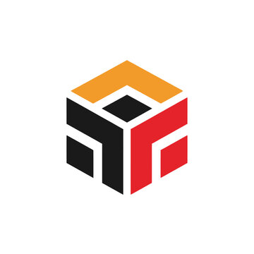 Geometric isometric cube logo with orange red and black shapes