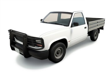 Premium 3D render of a generic white commercial flatbed pickup truck featuring a black steel bullbar bumper, isolated on white. © Phuc