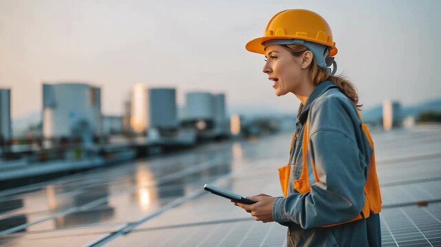 Solar panel woman engineer helmet tablet rooftop power station renewable energy inspection worker checking tablet focused woman hard hat power plant female engineer outdoor work safety helmet