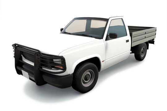 Premium 3D render of a generic white commercial flatbed pickup truck featuring a black steel bullbar bumper, isolated on white.