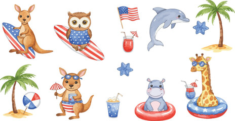 Fototapeta premium Patriotic animals in summer vacation fun with american flag accessories