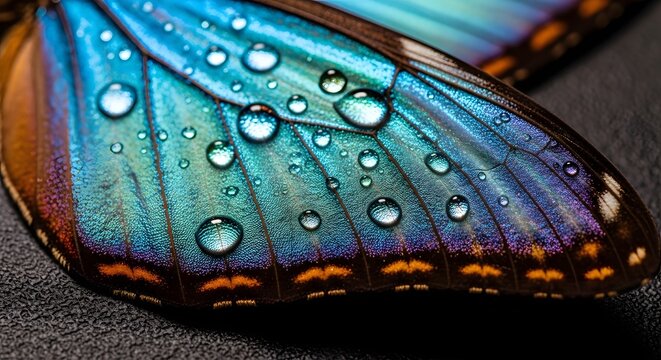Macro photography of a blue iridescent butterfly wing with water droplets. Natural textures and beautiful insect details. Water drops resting on colorful vibrant scales