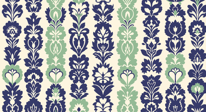Vintage floral damask pattern in navy blue and mint green seamless background