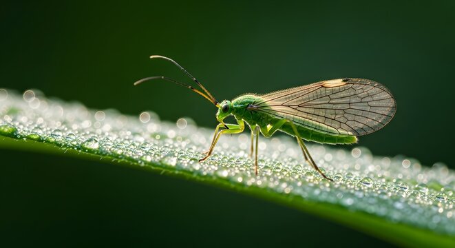 Macro photography of a green lacewing insect on a grass blade. Natural wildlife and morning dew environment. Small bug standing on wet leaf covered in water droplets