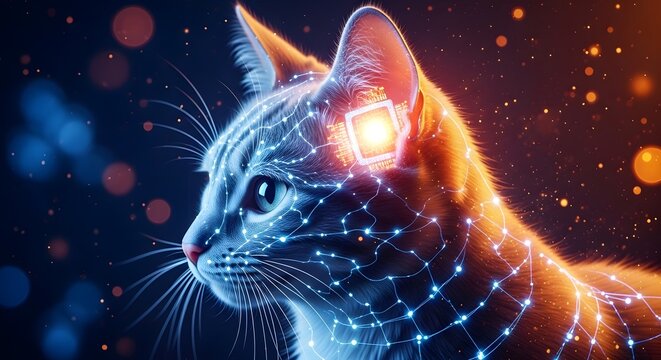 Futuristic digital art of a glowing cybernetic cat. Artificial intelligence and advanced technology concepts. Feline head displaying illuminated neural network and microchip