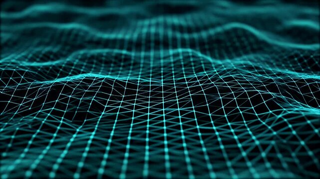Abstract digital mesh network with glowing blue-green dots and lines forming an undulating wave pattern on a dark background.