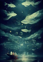 Obraz premium Surreal night scene boat with figures under floating fish and celestial bodies