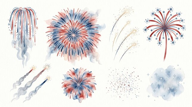 Watercolor fireworks illustration set, patriotic red, white, and blue explosions, festive celebration elements, Fourth of July holiday graphics.