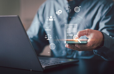 Corporate audit, compliance monitoring, and professional vetting concept on dark background with icons.