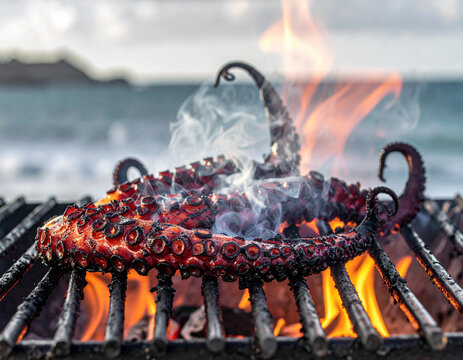 Fresh octopus tentacles curl and seize on a screaming hot grill grate with intense smoke rising from the charring flesh.