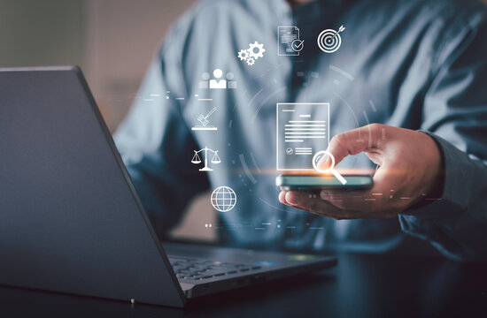 Corporate audit, compliance monitoring, and professional vetting concept on dark background with icons.