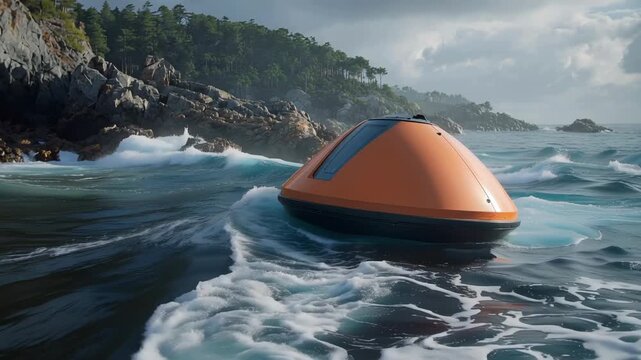 Ocean rescue capsule floating near rocky coast rough sea cloudy sky, emergency pod floating ocean near rocky coast cloudy sky with wave and spray, orange rescue capsule offshore stormy sea near