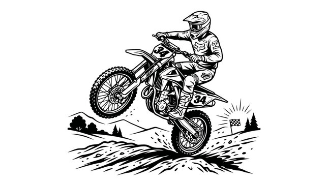 Motocross rider performing a high jump on a dirt bike.