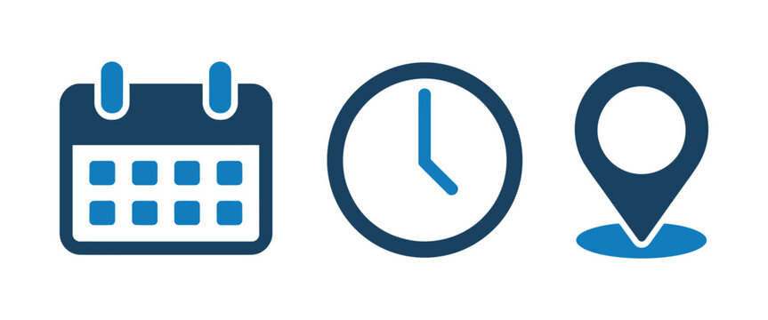 Calendar, clock, and location map pin icon set, blue flat vector business symbols for time, date, and address, meeting agenda and event schedule UI elements.