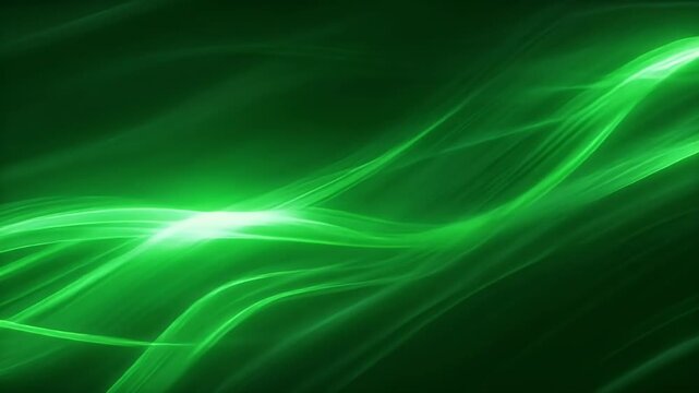 Abstract green glowing light waves flowing dynamically on a dark background, creating a vibrant and energetic visual effect.