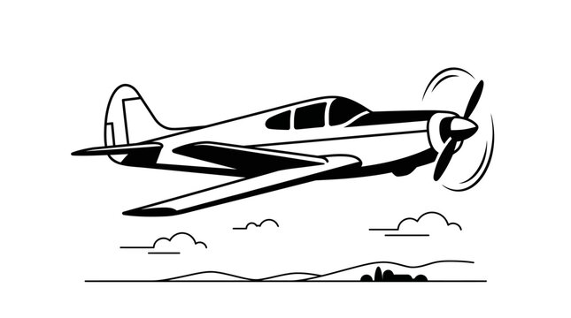 Vintage propeller airplane flying through clouds line art.