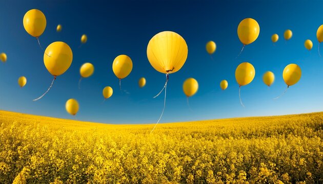 a beautiful view of yellow balloons floating in a cloudless sky
