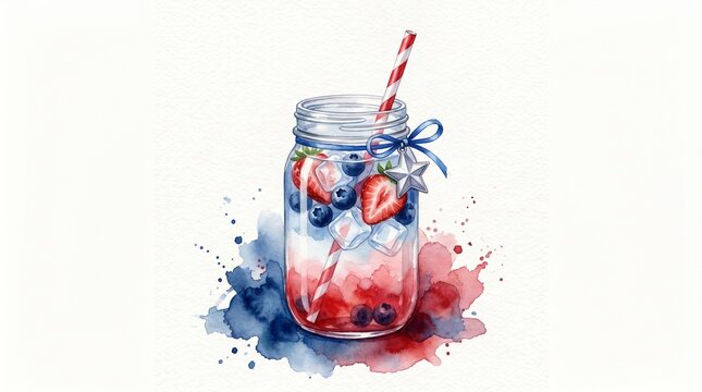 Refreshing watercolor berry drink in a mason jar, a vibrant red, white, and blue summer beverage illustration. Patriotic fruit-infused water, perfect for holiday celebrations and healthy