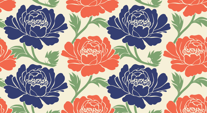 Seamless floral pattern with navy blue and coral peonies on cream background
