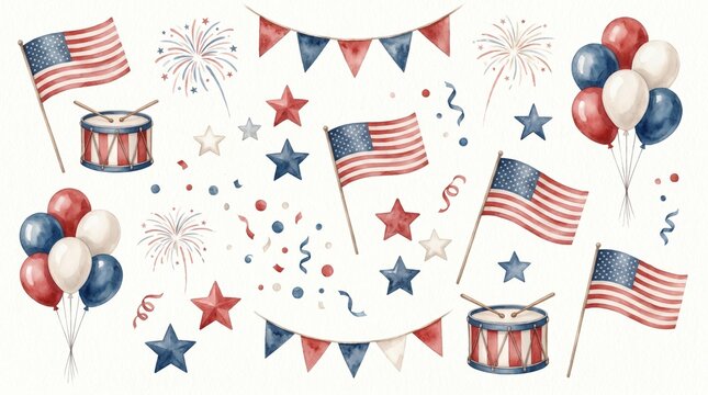 Watercolor USA patriotic celebration set, American flag, balloons, fireworks, and drum illustrations, perfect for Fourth of July and national holidays.